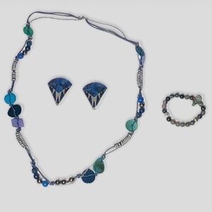 Vintage Beaded Multicolor Necklace Bracelet Clip On Earrings Set